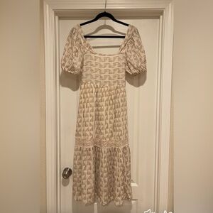 Elegant Cream Patterned Midi Dress